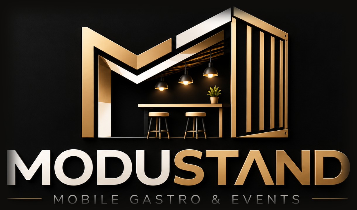 ModuStand Logo: ein goldenes M in Form eines Container-Stands mit Theke, Hockern und Lampen