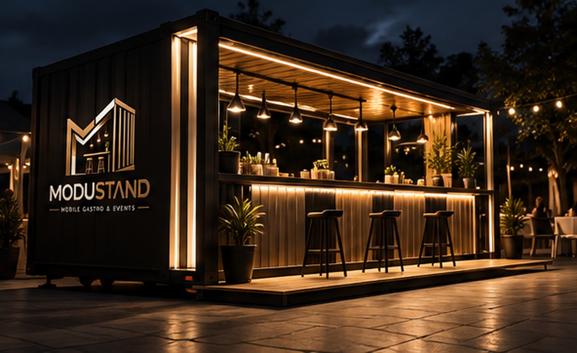 Visualisierung eines schwarzen Container-Gastrostands mit Holztheke, Barhockern und Lichterketten